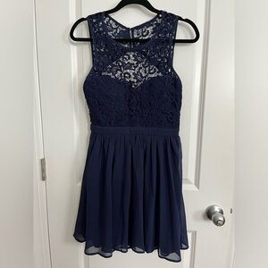 Short Navy Blue Lulu's Dress with Lace Top and Open Back
